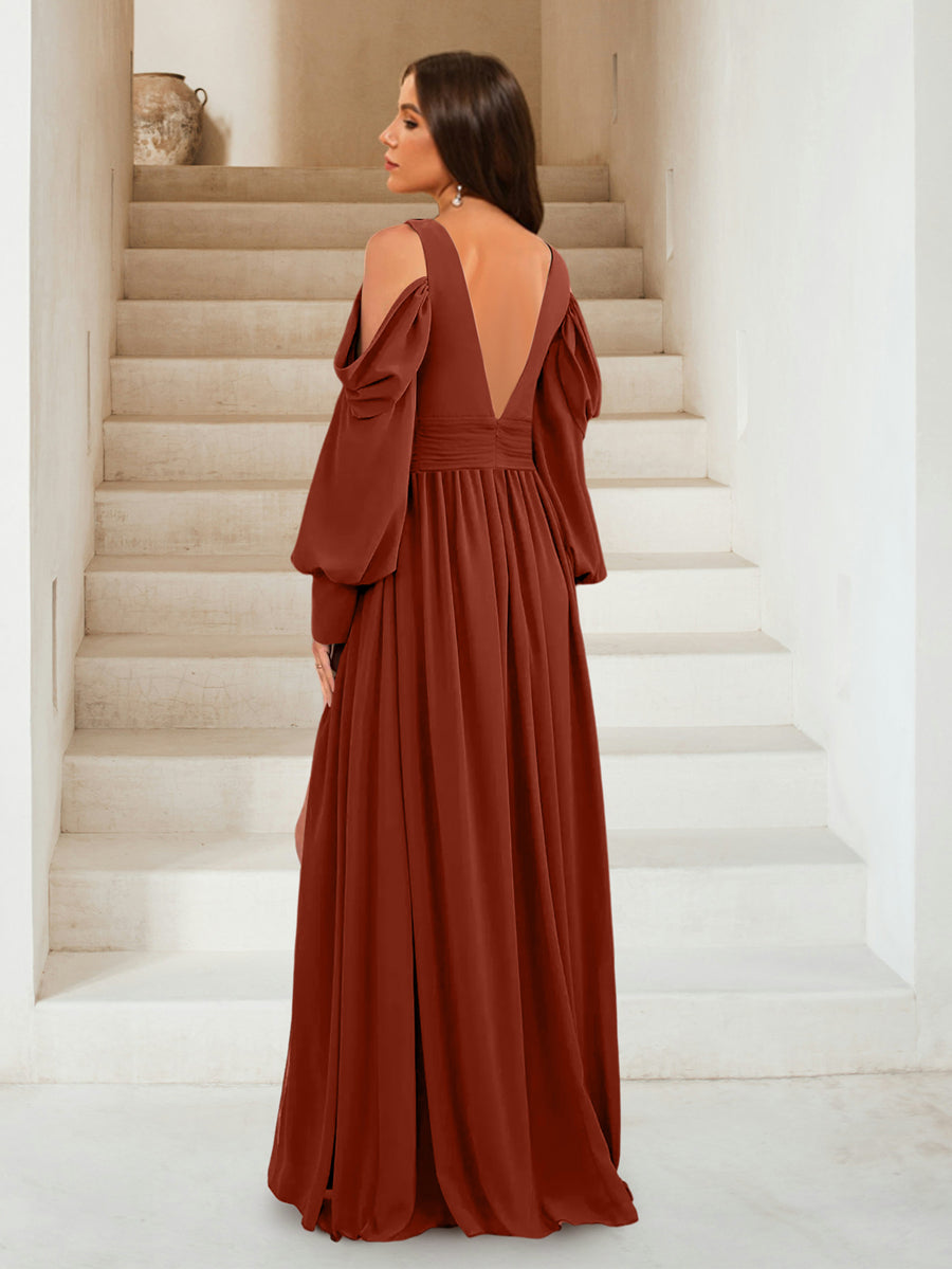 A-Linie V-Ausschnitt Lange Ärmel Brautjungfernkleider mit Schlitz