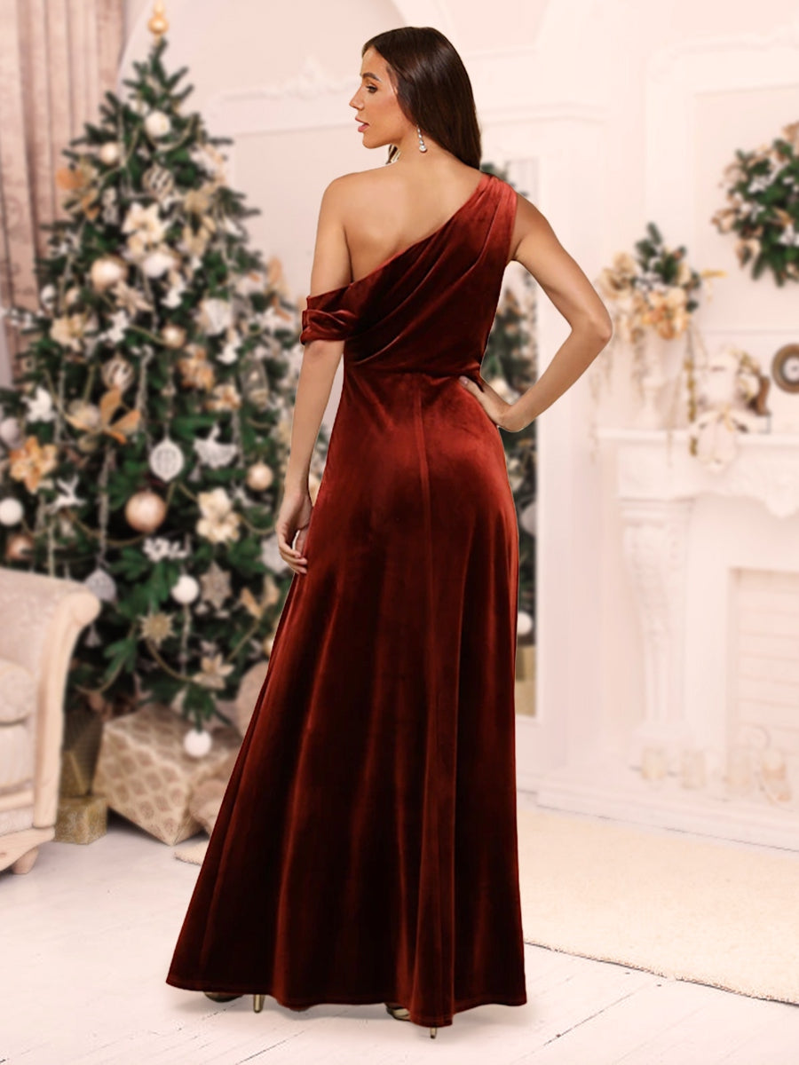 A-Linie/Princess-Linie One-Shoulder-Träger Bodenlang Weihnachtskleider mit Schlitz an der Seite