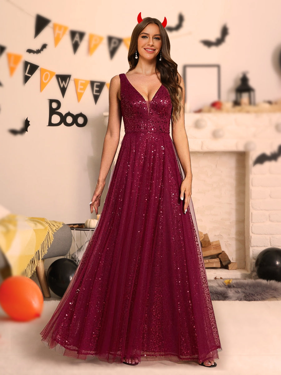 A-Linie/Princess-Linie V-Ausschnitt Bodenlang Halloween Kleider mit Rüschen