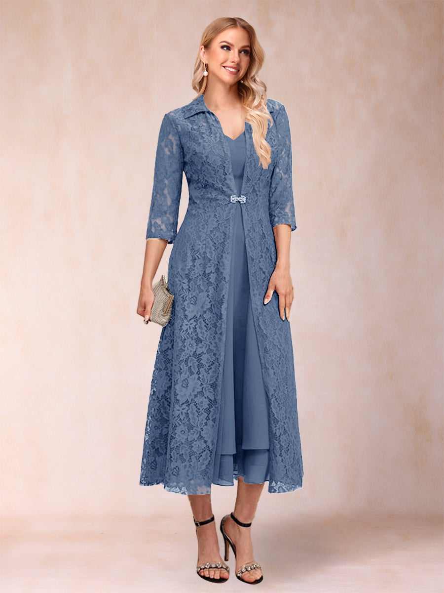 A-Linie/Princess-Linie Wadenlang 3/4-Ärmel V-Ausschnitt Kleider für die Brautmutter