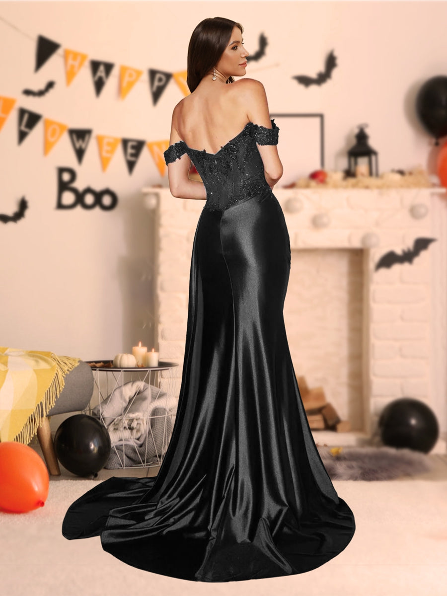 Trompeten-/Meerjungfrauen-Kleid, schulterfrei, Sweep/Pinsel zug, Pailletten, Halloween-Kleid mit Schlitz an der Seite