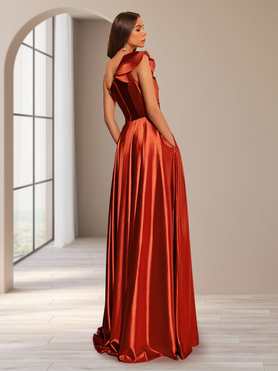 A-Linie/Princess-Linie One-Shoulder-Träger Ärmellos Bodenlang Geraffte Abendkleider mit Seitenschlitz