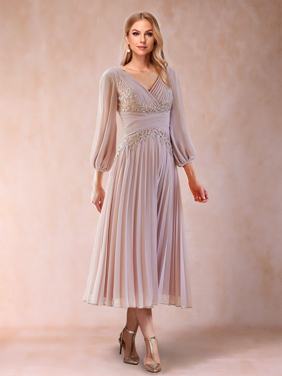 A-Linie/Princess-Linie V-Ausschnitt Wadenlang Chiffon Kleider für die Brautmutter mit Falten und Pailletten