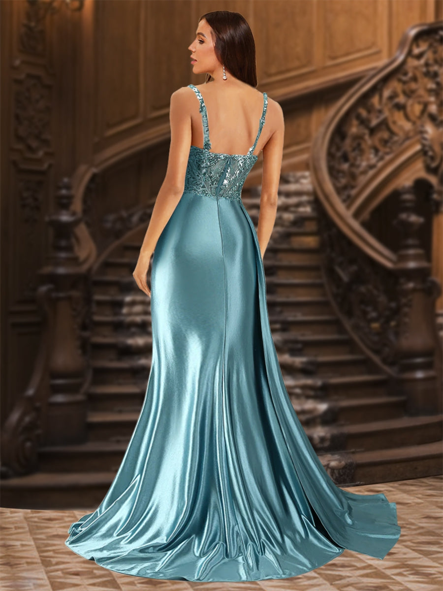 Trumpet/Mermaid Spaghetti Straps Ruched Long Evening Dresses with Split Side & Appliques