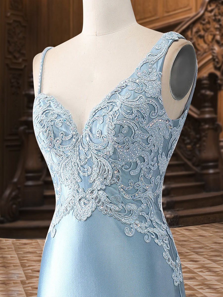 Trompete/Meerjungfrau V-Ausschnitt Satin Lange Elegante Ballkleider mit Applikationen