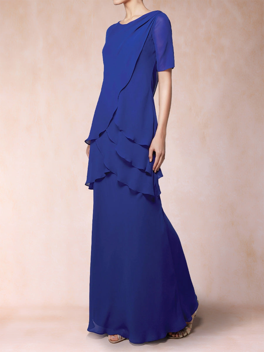 Etui-Linie/Säule U-Ausschnitt Kurze Ärmel Chiffon Kleider für die Brautmutter mit Rüschen