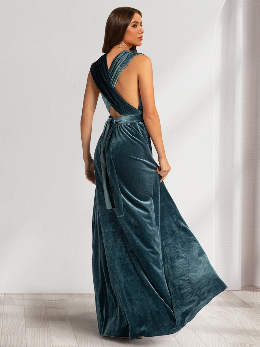 A-Linie/Princess-Linie, V-Ausschnitt, ärmellos, gerüschtes Samt-Abendkleid mit Schlitz an der Seite und Rüschen