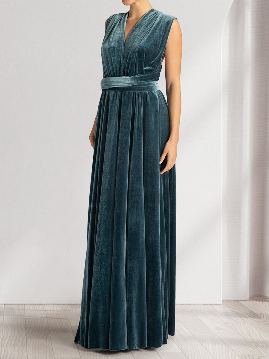 A-Linie/Princess-Linie, V-Ausschnitt, ärmellos, gerüschtes Samt-Abendkleid mit Schlitz an der Seite und Rüschen