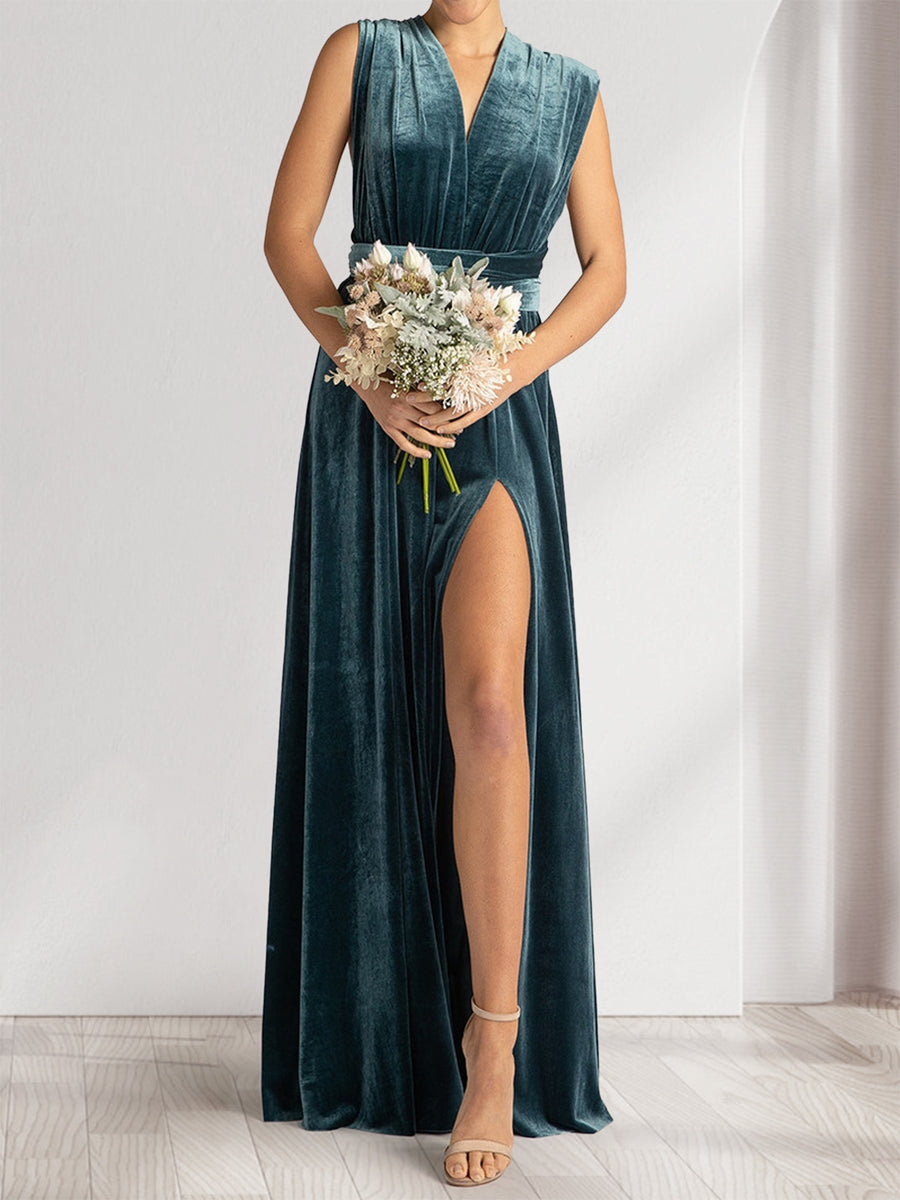 A-Linie/Princess-Linie, V-Ausschnitt, ärmellos, gerüschtes Samt-Abendkleid mit Schlitz an der Seite und Rüschen
