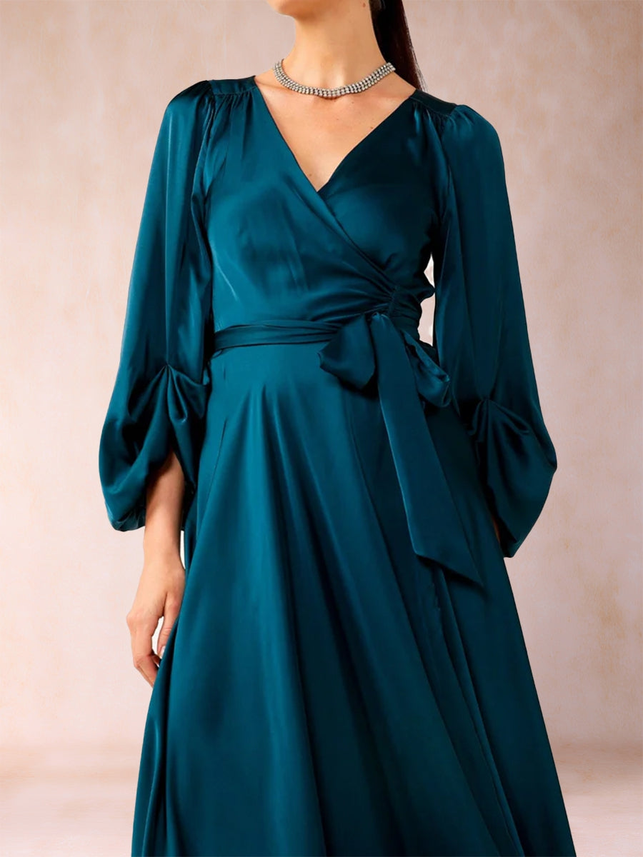 A-Linie/Princess-Linie V-Ausschnitt 3/4-Ärmel Wadenlang Kleider für die Brautmutter mit Gürtel