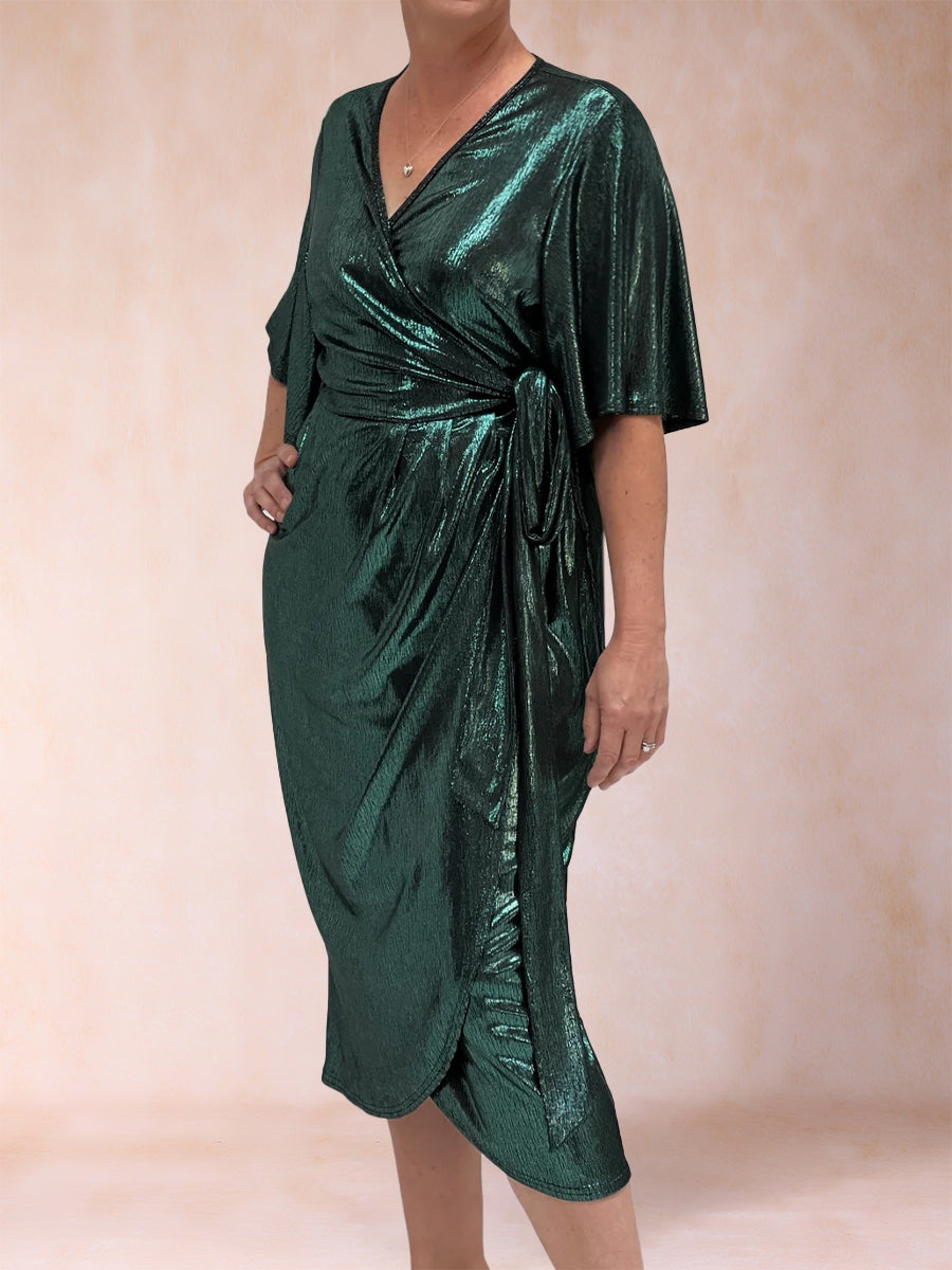 Tulpen-Crossover-Abendkleid mit V-Ausschnitt, kurzen Ärmeln, gerüscht und Gürtel