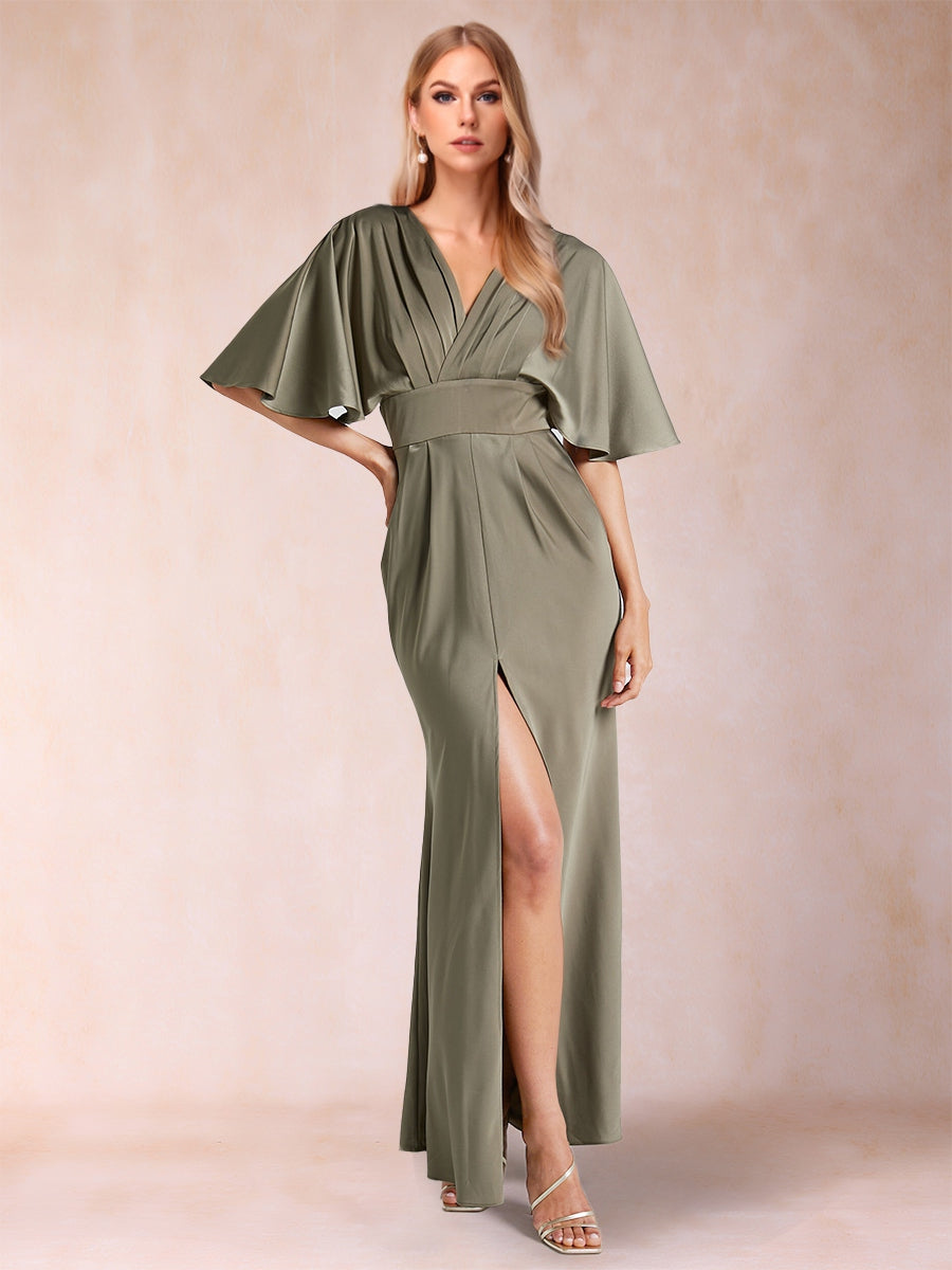 Etui-Linie/Säulen-Abendkleid aus Seidensatin mit V-Ausschnitt und kurzen Ärmeln und Schlitz an der Seite