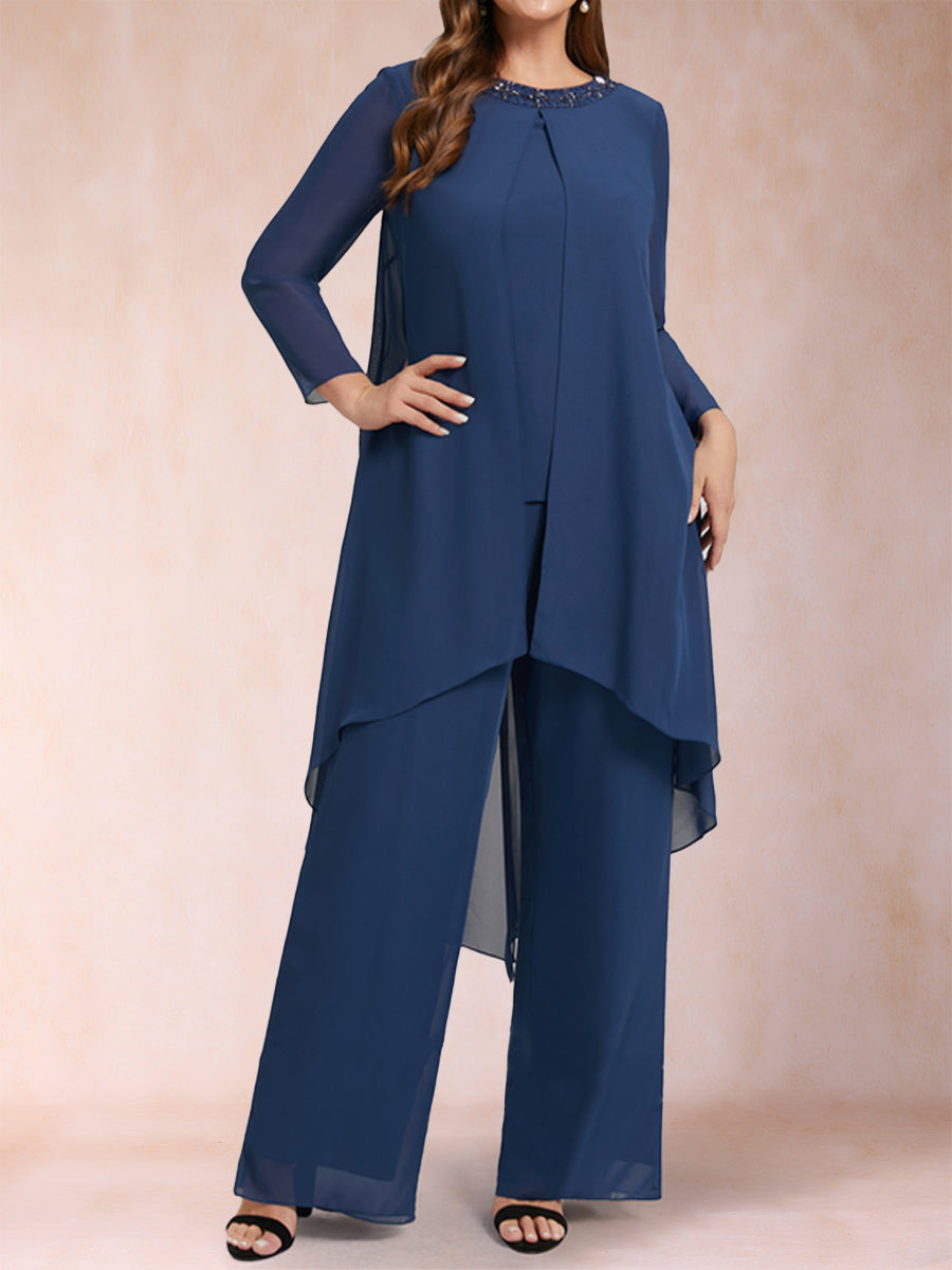 Chiffon-U-Ausschnitt, lange Ärmel, 3-teilig, Hosenanzug in Übergröße mit Strasssteinen und Jacke