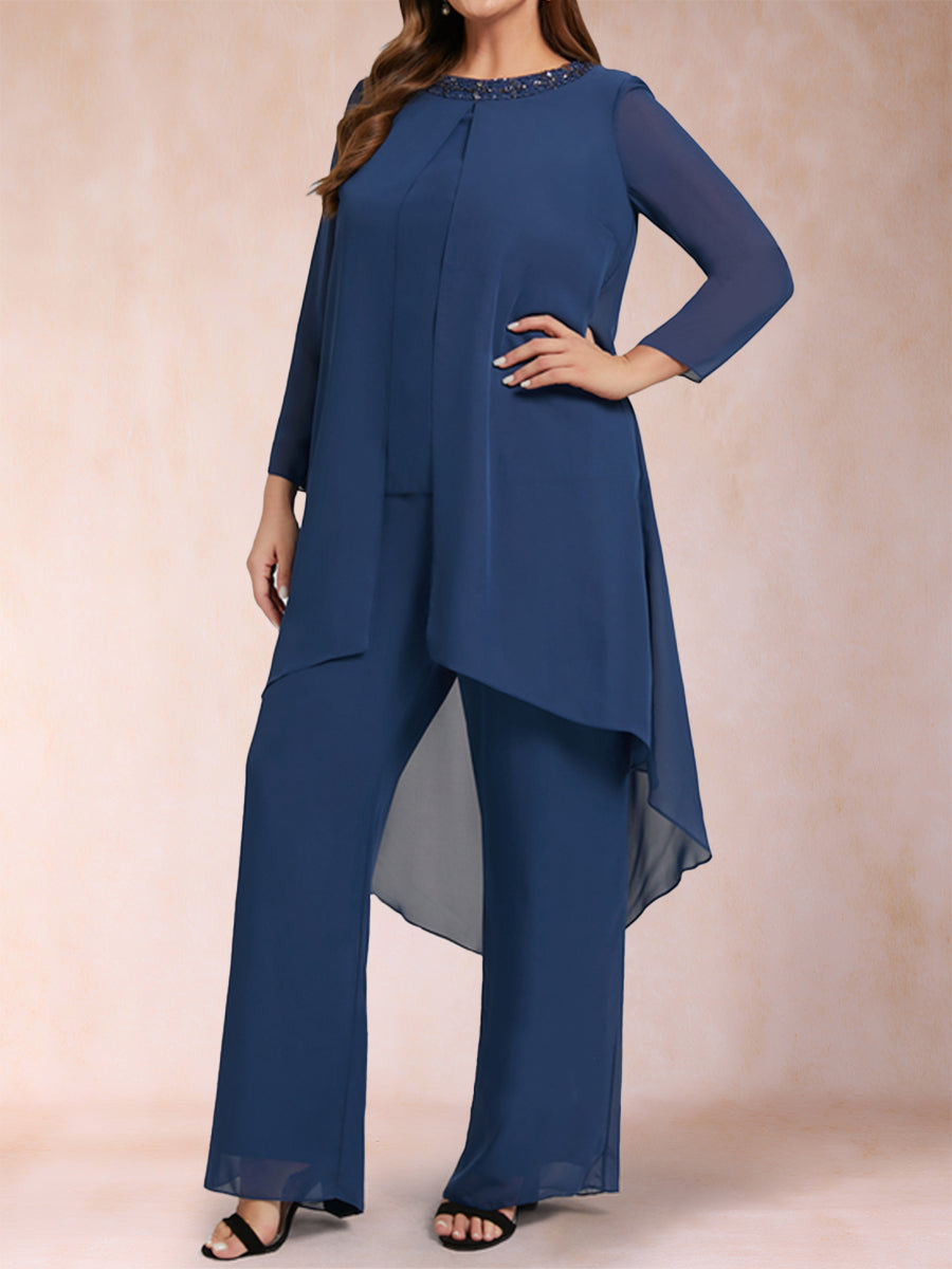 Chiffon-U-Ausschnitt, lange Ärmel, 3-teilig, Hosenanzug in Übergröße mit Strasssteinen und Jacke