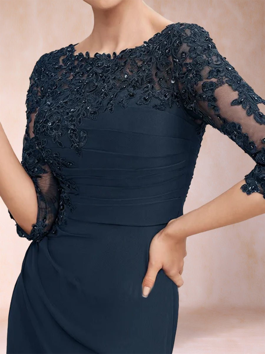 Etui-Linie/Säule U-Ausschnitt 3/4 Ärmel Geraffte Kleider für die Brautmutter mit Applikationen