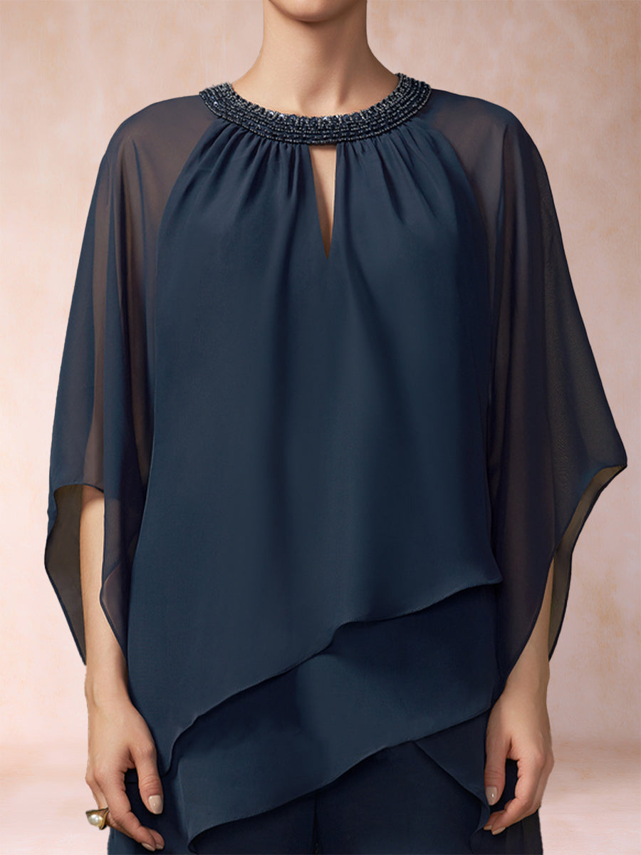 Chiffon-Hosenanzug mit 3/4-Ärmeln und Rundhalsausschnitt, zweiteilig, mit Strasssteinen und Hohlsaum