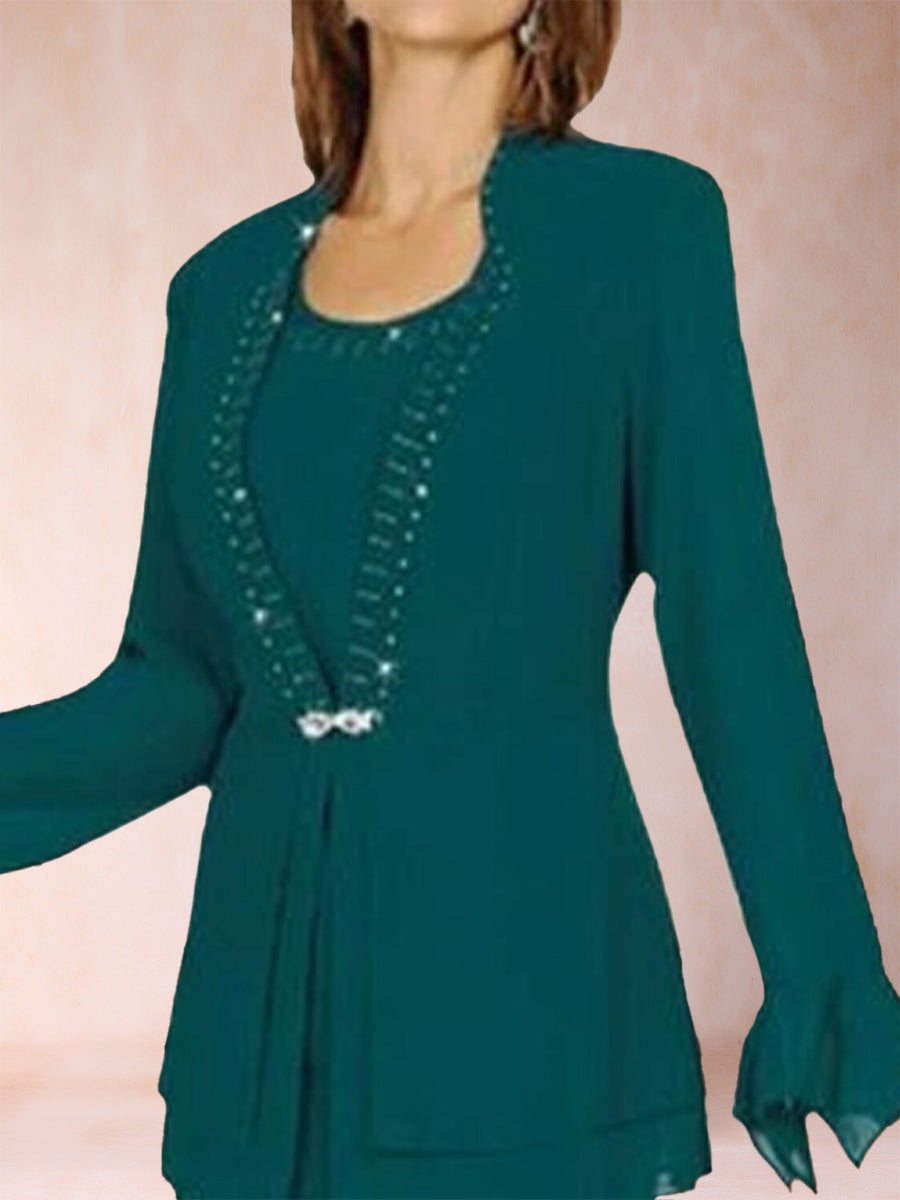 Etui-/Säulenkleid aus Chiffon mit U-Ausschnitt und langen Ärmeln, 2-teilig mit Strasssteinen und Jacke