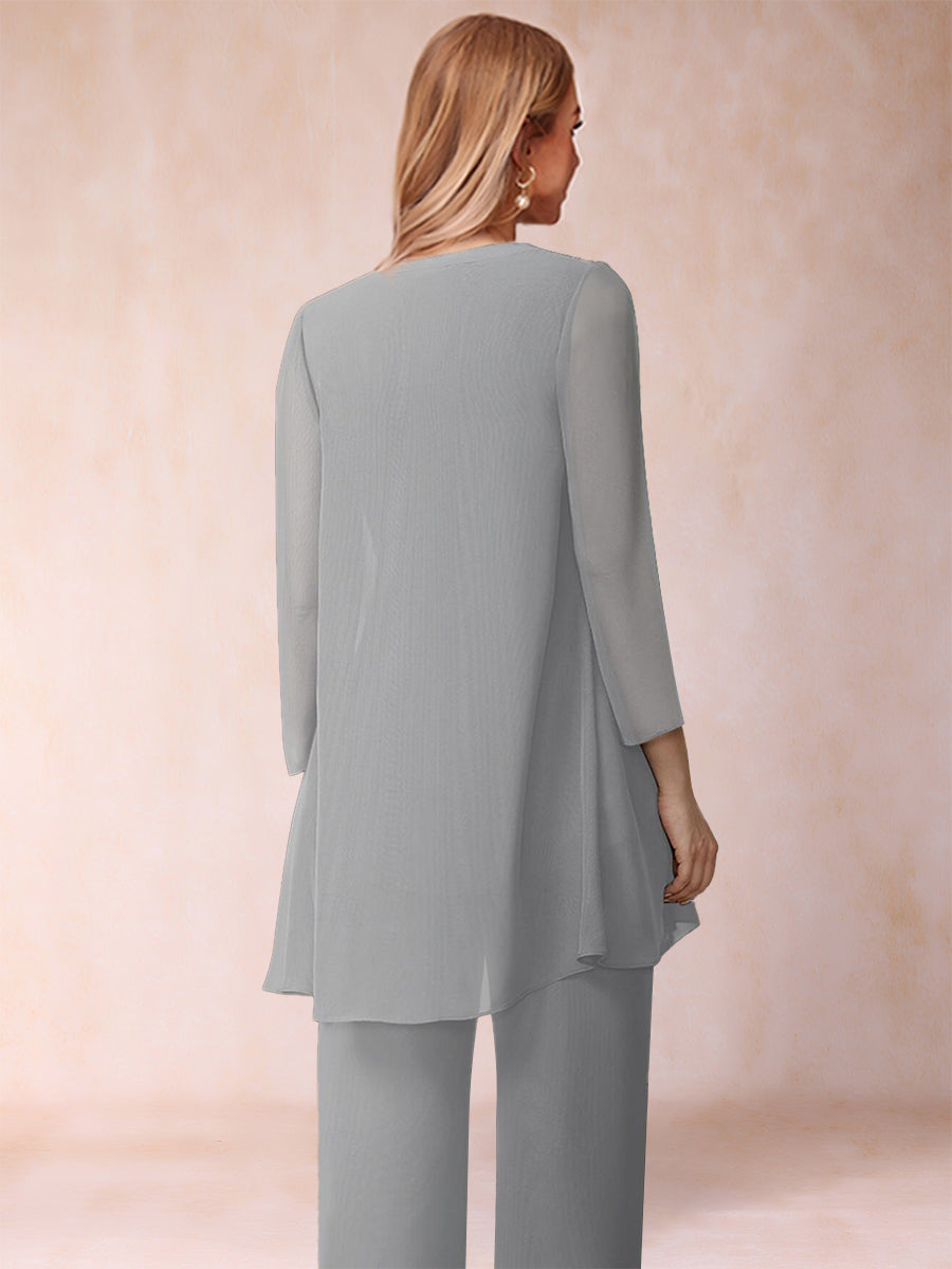 3-teiliger Hosenanzug aus Chiffon mit U-Ausschnitt und langen Ärmeln, Rüschen und Jacke