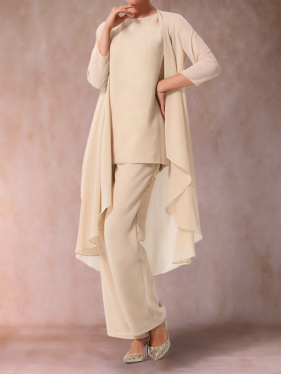 Chiffon-Hosenanzug mit 3/4-Ärmeln, Rüschen und Jacke