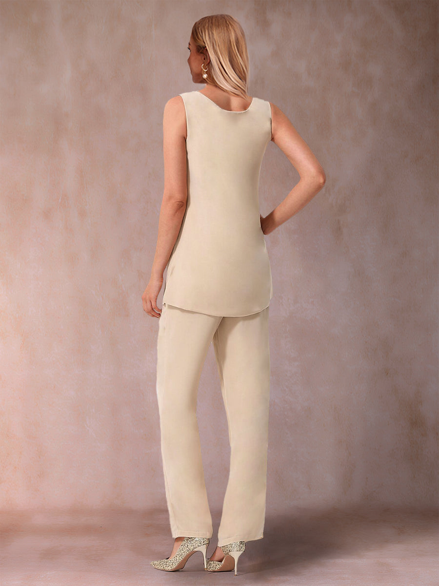 Chiffon-Hosenanzug mit 3/4-Ärmeln, Rüschen und Jacke
