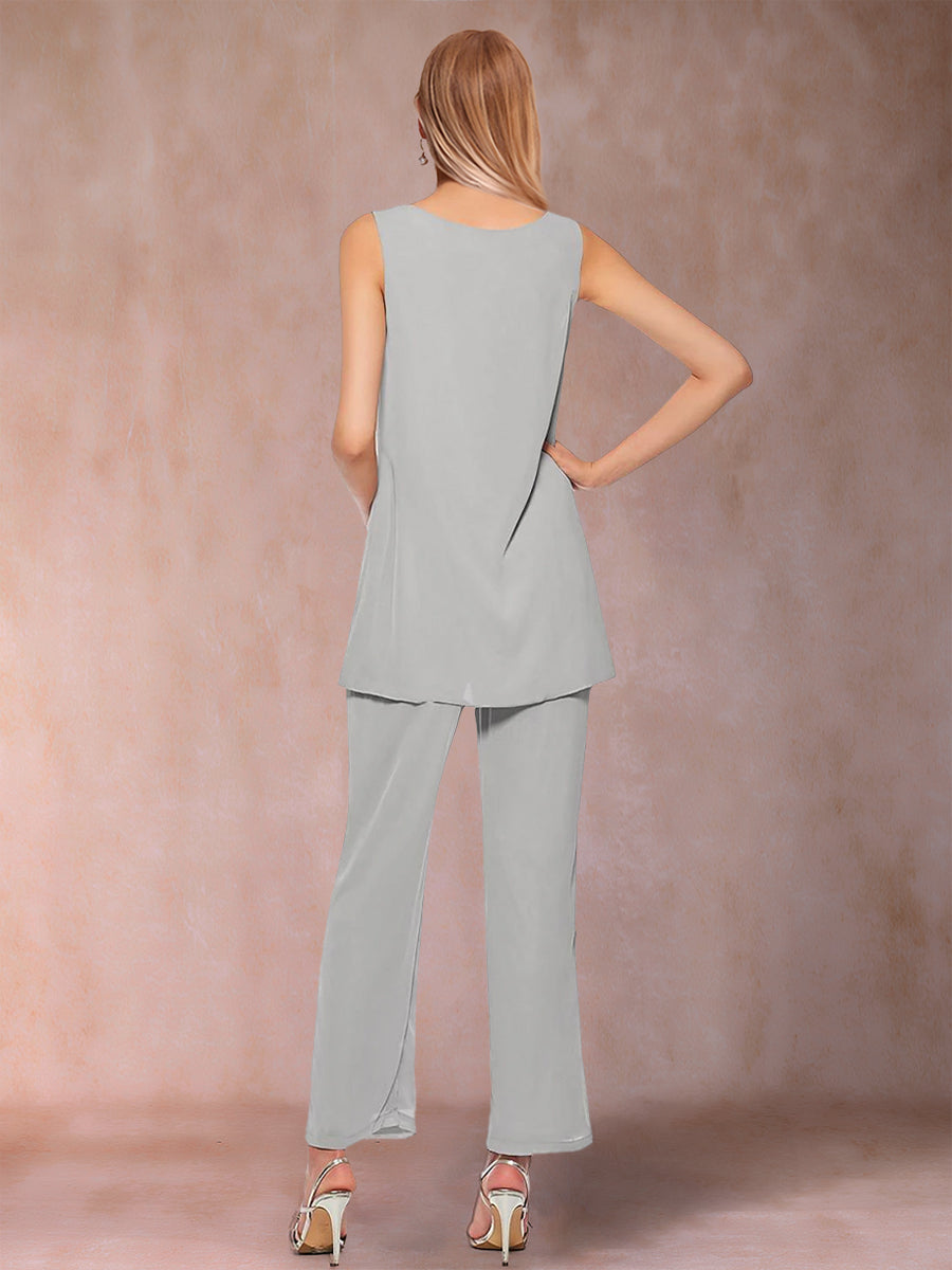 3-teiliger Hosenanzug aus Chiffon mit U-Ausschnitt und langen Ärmeln, Pailletten und Jacke