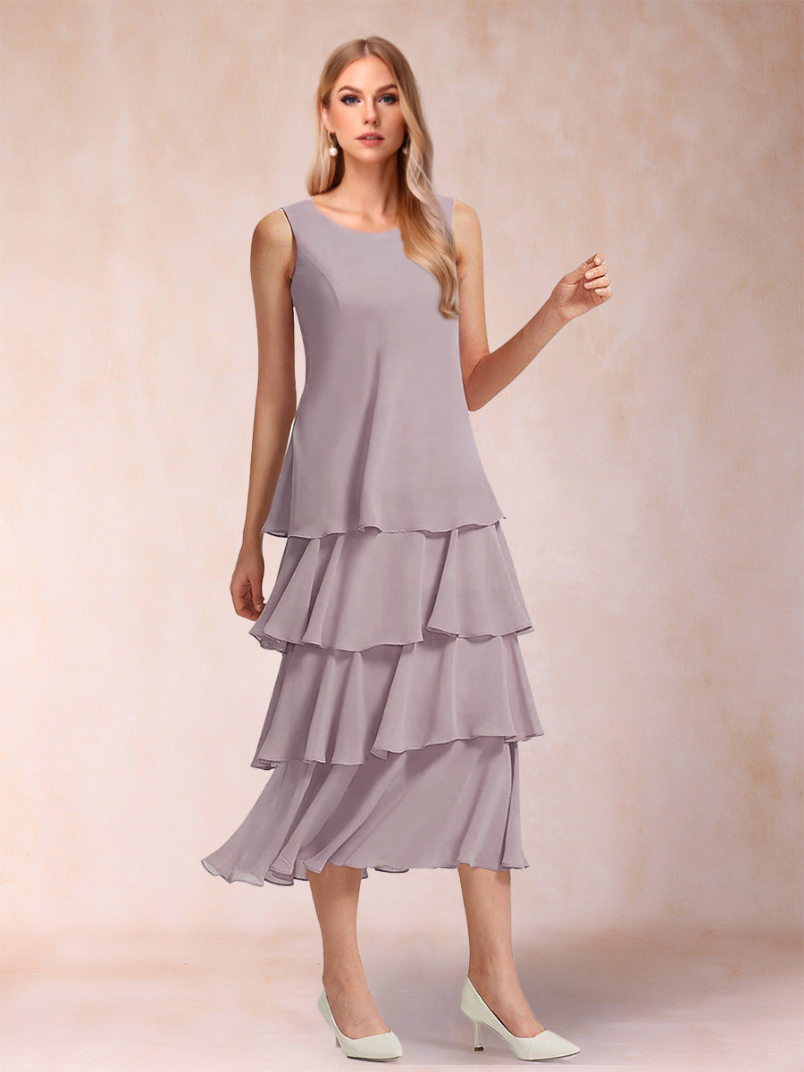 A-Linie/Prinzessin-Linie, U-Ausschnitt, lange Ärmel, gestuftes 2-teiliges Kleid für die Brautmutter mit Applikationen und Jacke