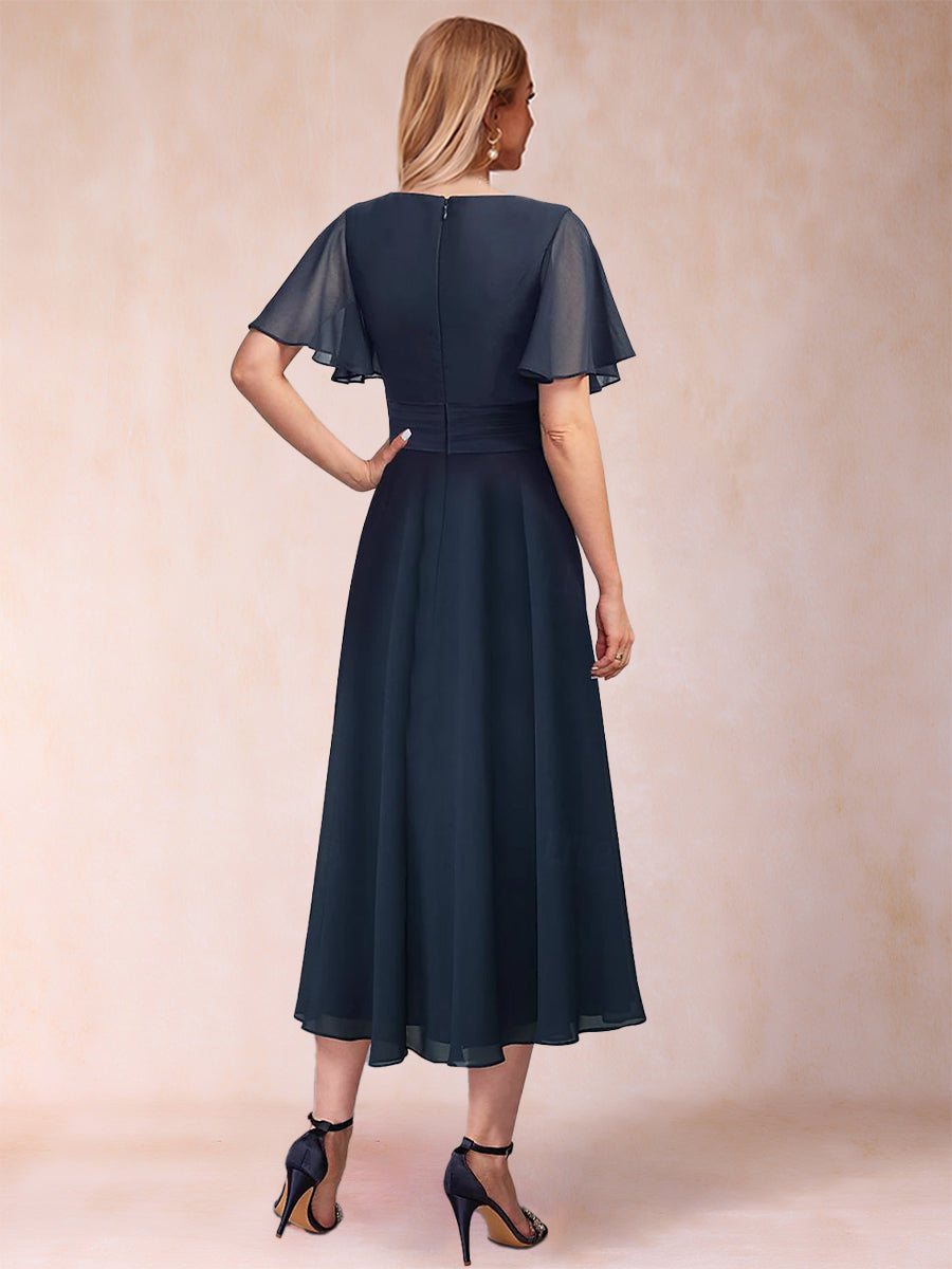 A-Linie/Princess-Linie Chiffon V-Ausschnitt Kurze Ärmel Kleider für die Brautmutter mit Rüschen