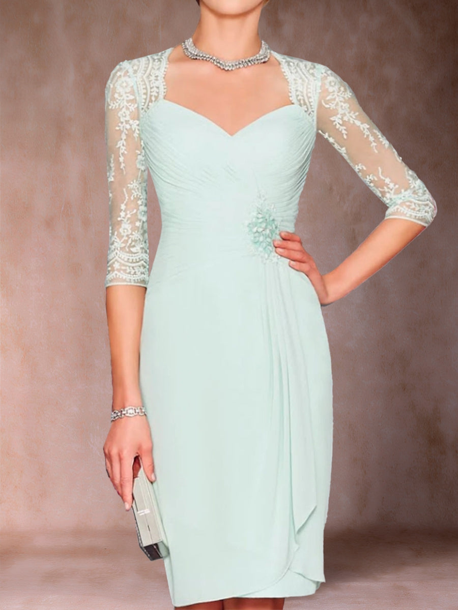 Etui-Linie/Säulenkleid, V-Ausschnitt, 3/4-Ärmel, 2-teilig, Kleider für die Brautmutter mit Rüschen und Jacke