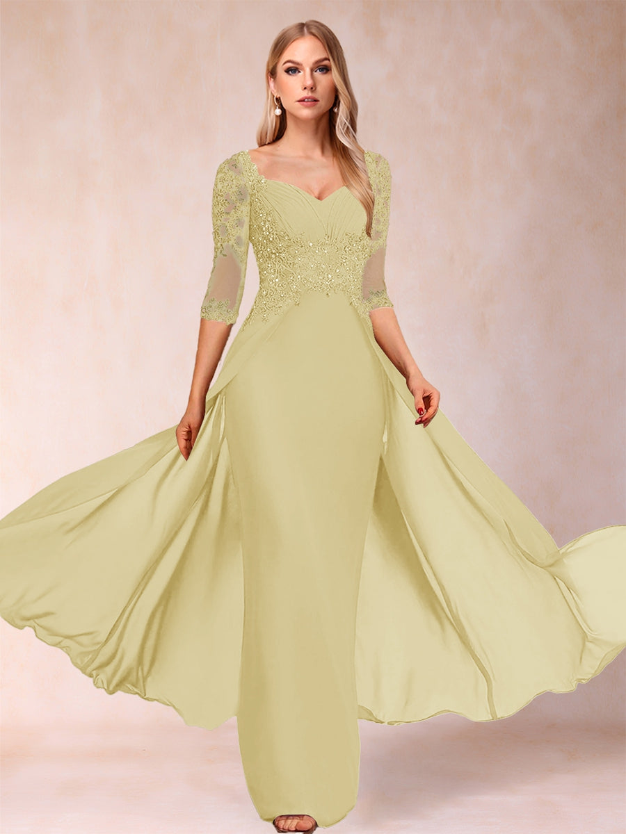 Etui-Linie/Säulenkleid mit V-Ausschnitt und halblangen Ärmeln, Kleider für die Brautmutter mit Applikationen