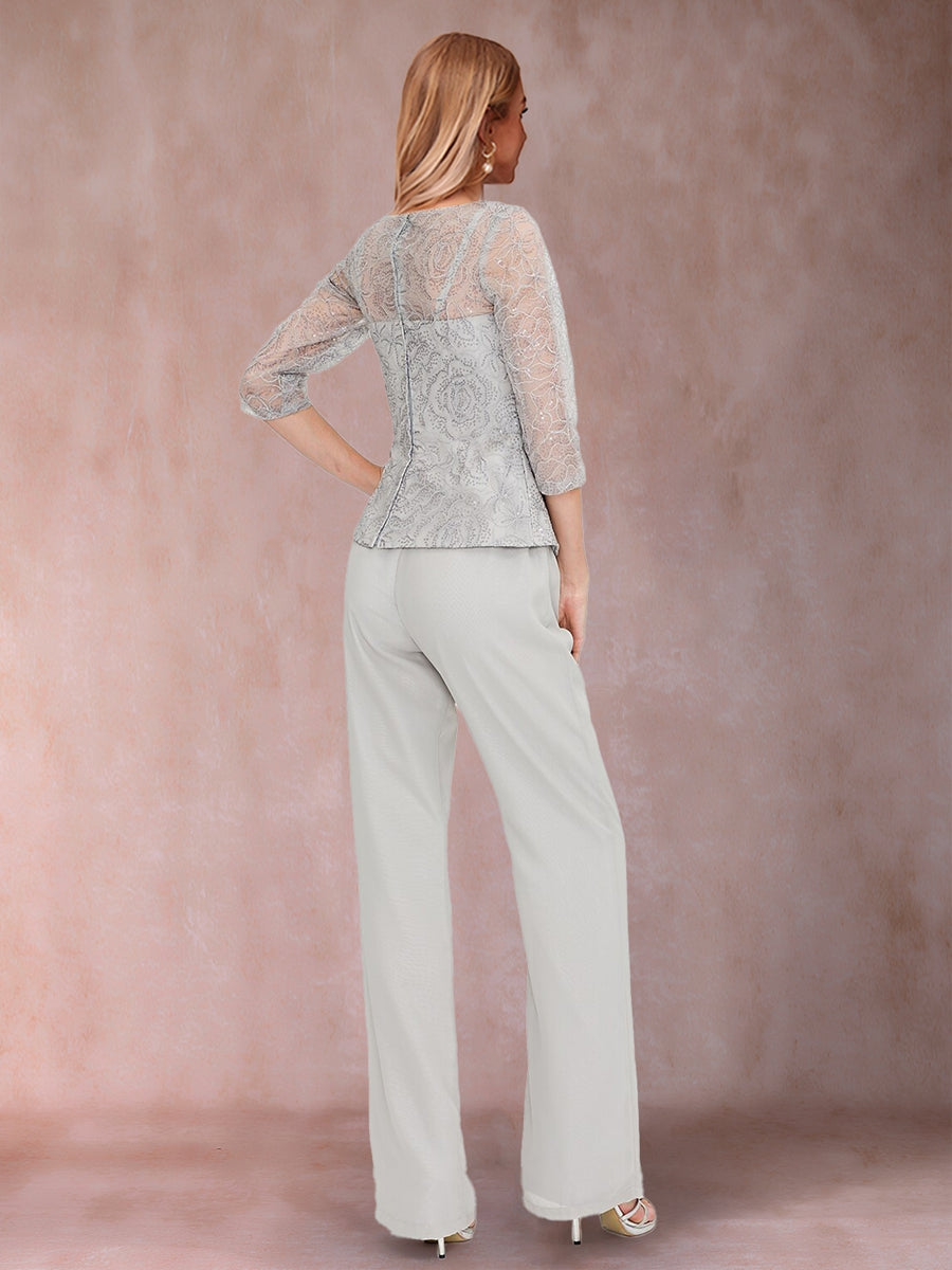 Jumpsuit/Hosenanzug U-Ausschnitt 3/4 Ärmel 2-teilig Brautmutterkleider mit Strass