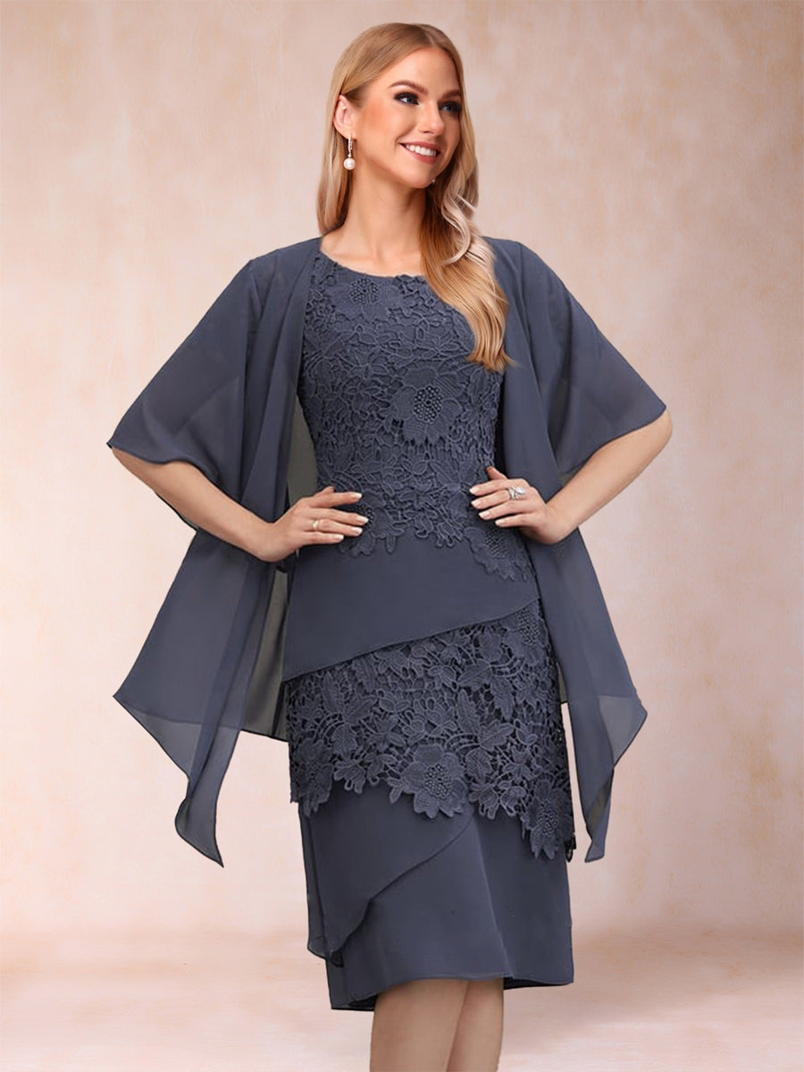 Etui-Linie/Säulenkleid, U-Ausschnitt, Halbarm, 2-teilig, Kleider für die Brautmutter mit Applikationen und Jacke