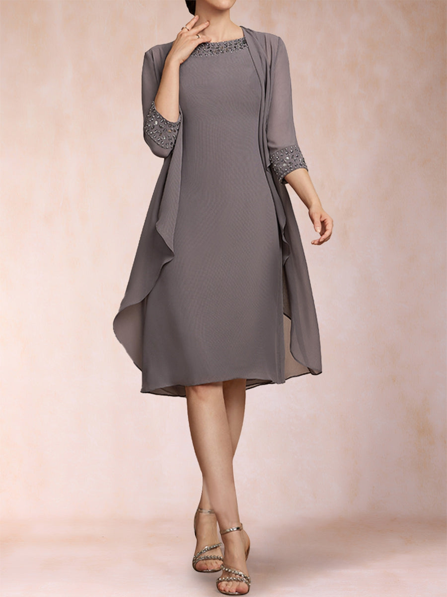 Etui-Linie/Säulen-Linie, U-Ausschnitt, 3/4-Ärmel, 2-teilig, Kleider für die Brautmutter mit Strasssteinen und Jacke