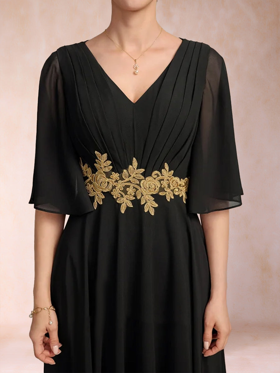 A-Linie/Princess-Linie V-Ausschnitt Halbarm Kleider für die Brautmutter mit Schärpe