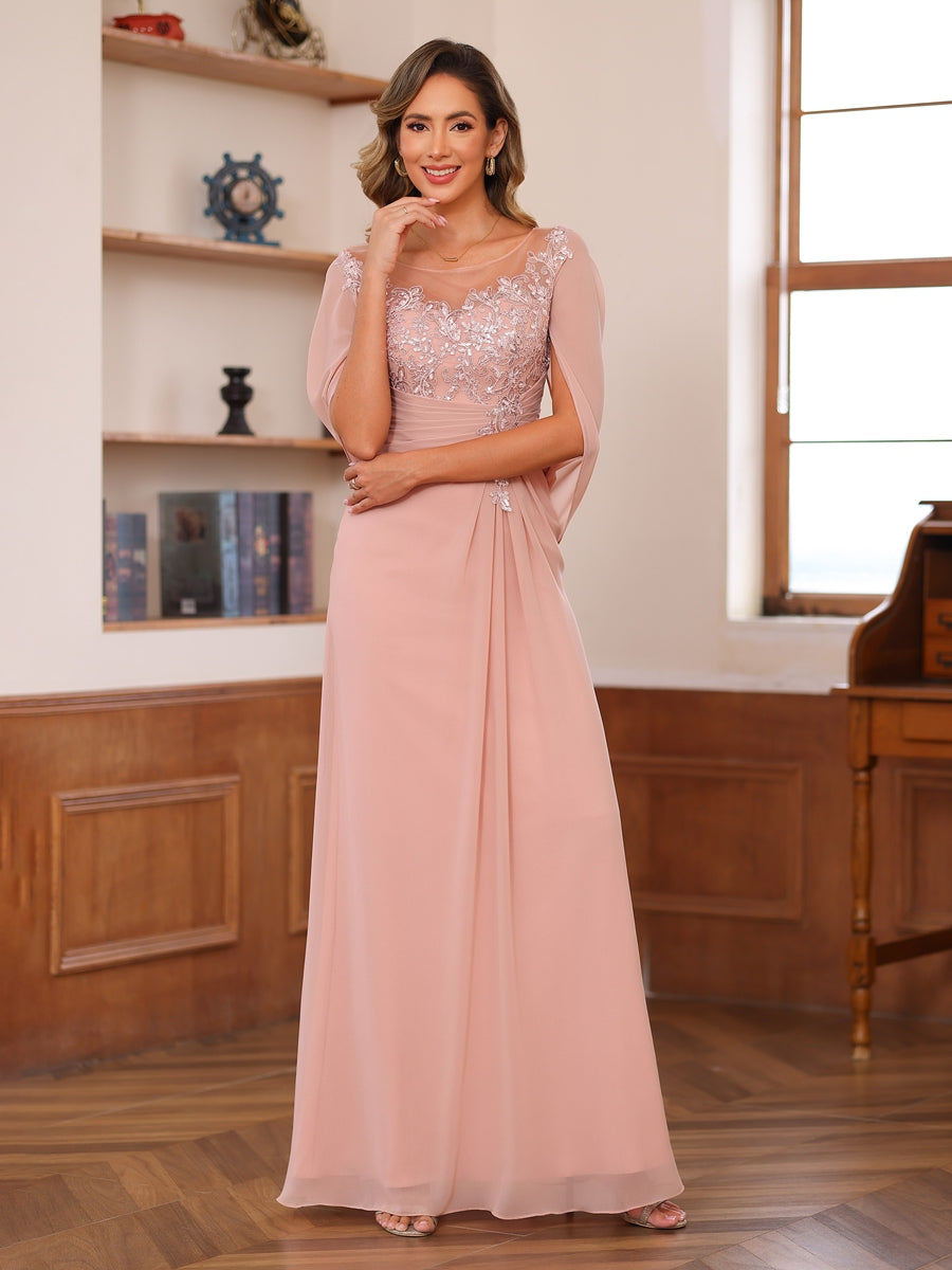 A-Linie/Princess-Linie Illusion Scoop Applikationen Geraffte Kleider für die Brautmutter mit Cape