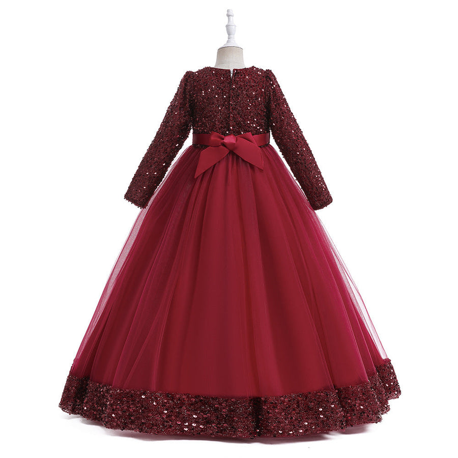 Ballkleid U-Ausschnitt Lange Ärmel Pailletten Weihnachtskleider für Mädchen