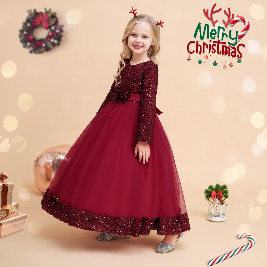 Ballkleid U-Ausschnitt Lange Ärmel Pailletten Weihnachtskleider für Mädchen