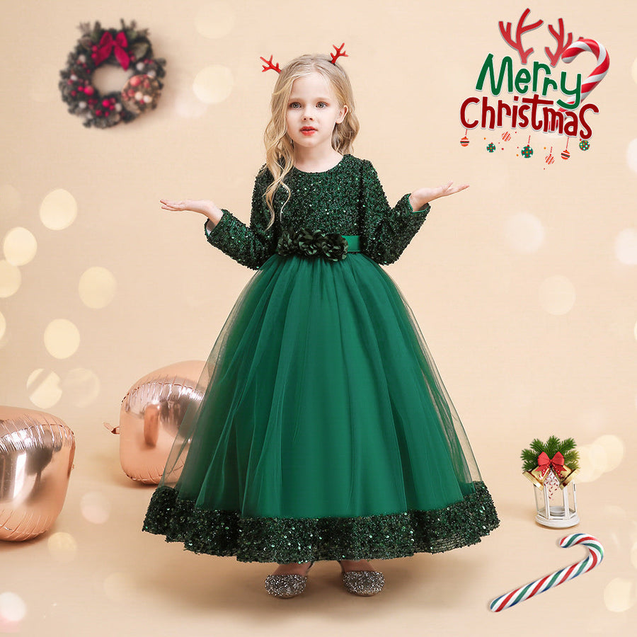 Ballkleid U-Ausschnitt Lange Ärmel Pailletten Weihnachtskleider für Mädchen