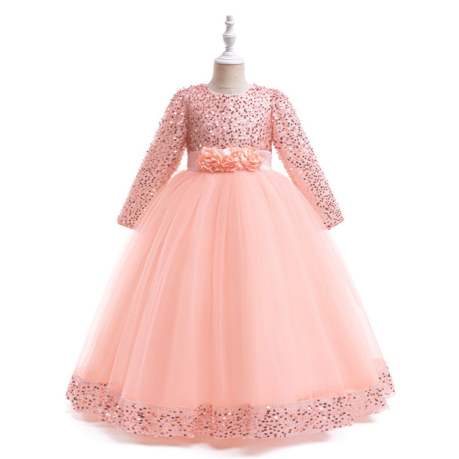 Ballkleid U-Ausschnitt Lange Ärmel Pailletten Weihnachtskleider für Mädchen