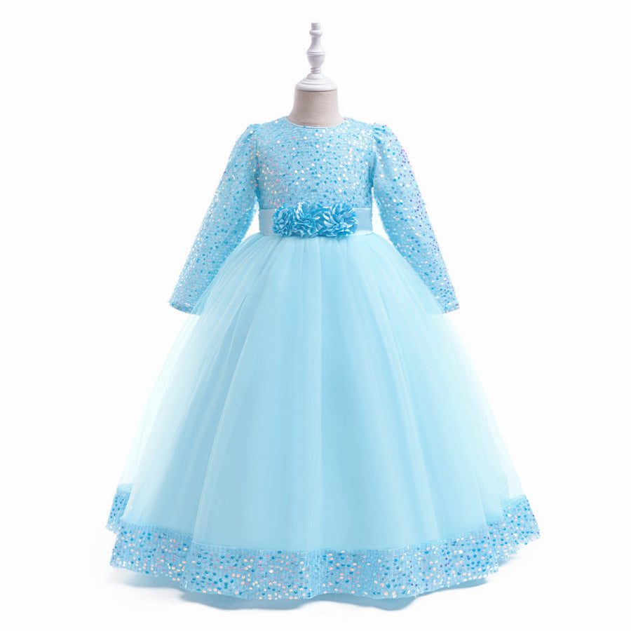 Ballkleid U-Ausschnitt Lange Ärmel Pailletten Weihnachtskleider für Mädchen