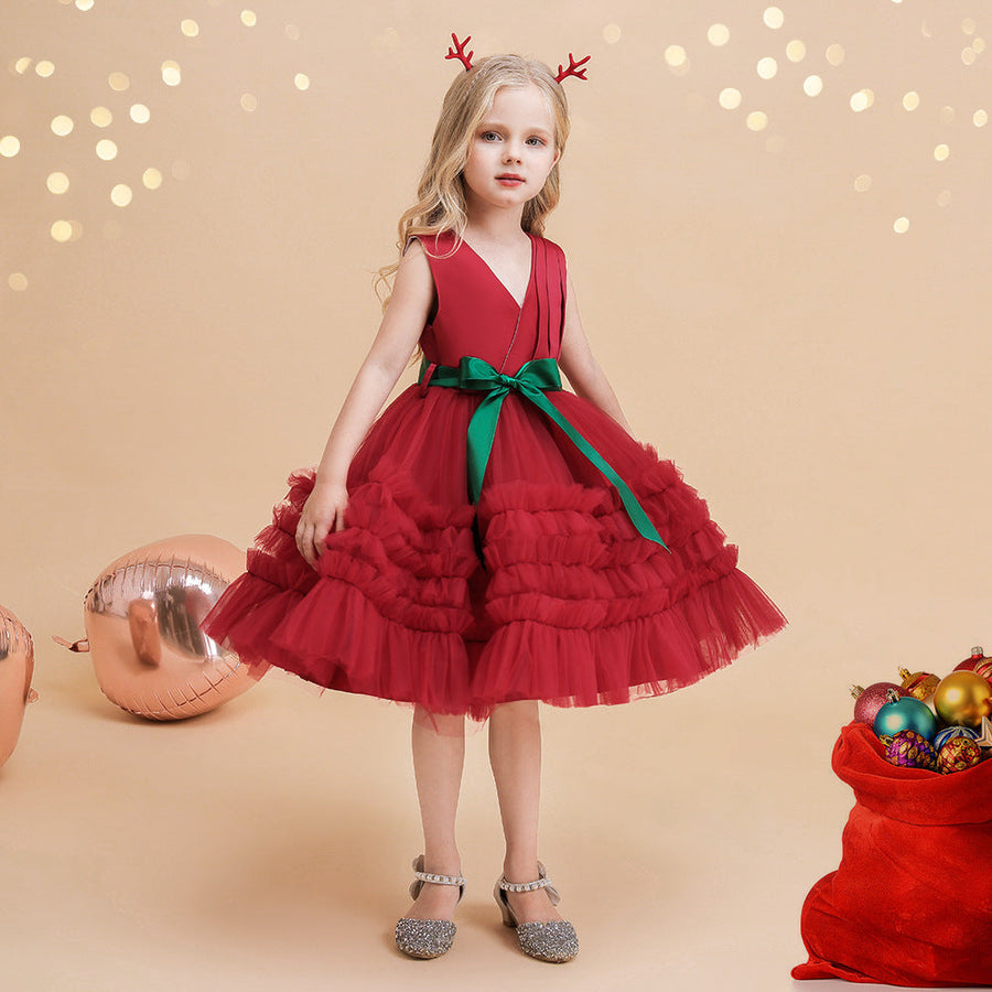 Ballkleid V-Ausschnitt Ärmellos Knielang Geraffte Weihnachtskleider für Mädchen