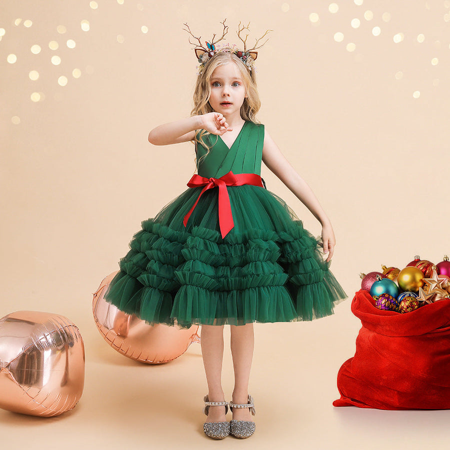 Ballkleid V-Ausschnitt Ärmellos Knielang Geraffte Weihnachtskleider für Mädchen