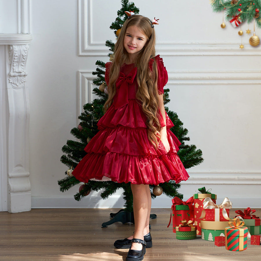 Ballkleid mit Stufenschnitt, U-Ausschnitt, kurzen Ärmeln, Plissee, Weihnachtskleider für Mädchen