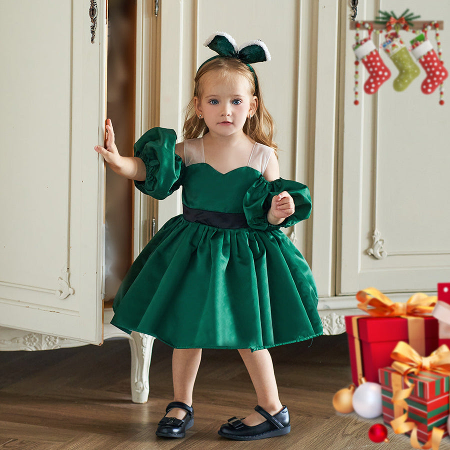 Ballkleid Off-the-Shoulder Kurze Ärmel Satin Weihnachtskleider für Mädchen