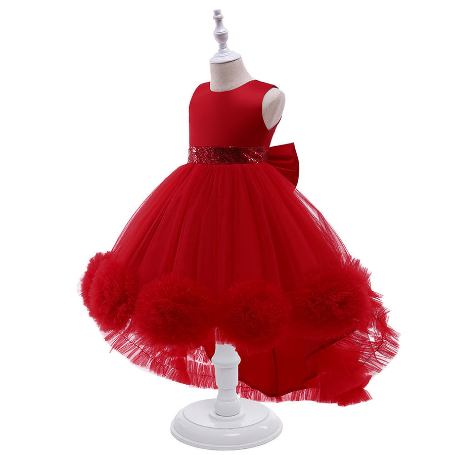 Ballkleid U-Ausschnitt Hi-Low Rüschen Blumenmädchenkleider mit Schleife