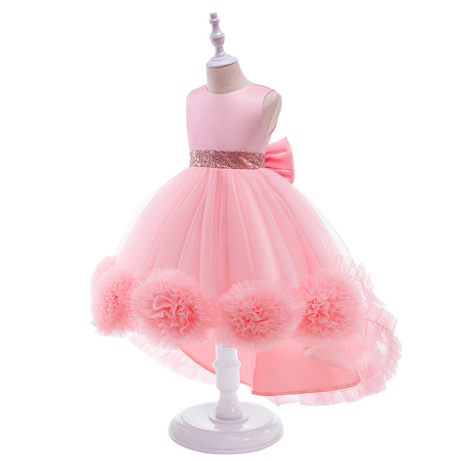 Ballkleid U-Ausschnitt Hi-Low Rüschen Blumenmädchenkleider mit Schleife