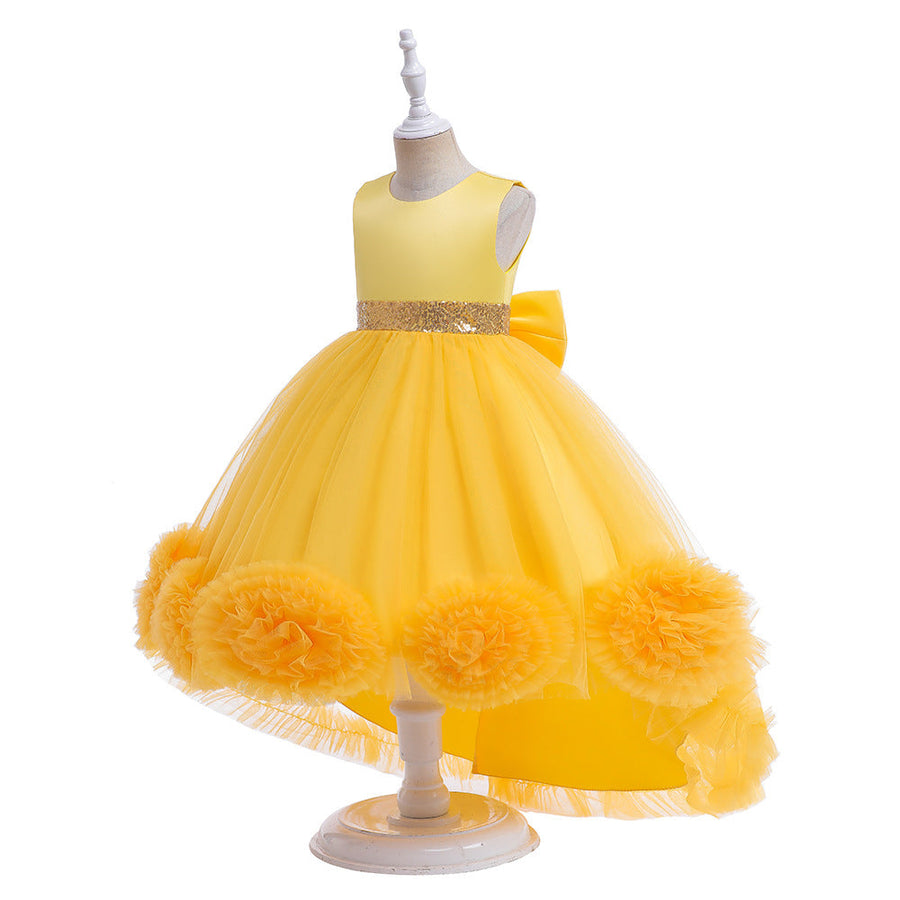 Ballkleid U-Ausschnitt Hi-Low Rüschen Blumenmädchenkleider mit Schleife