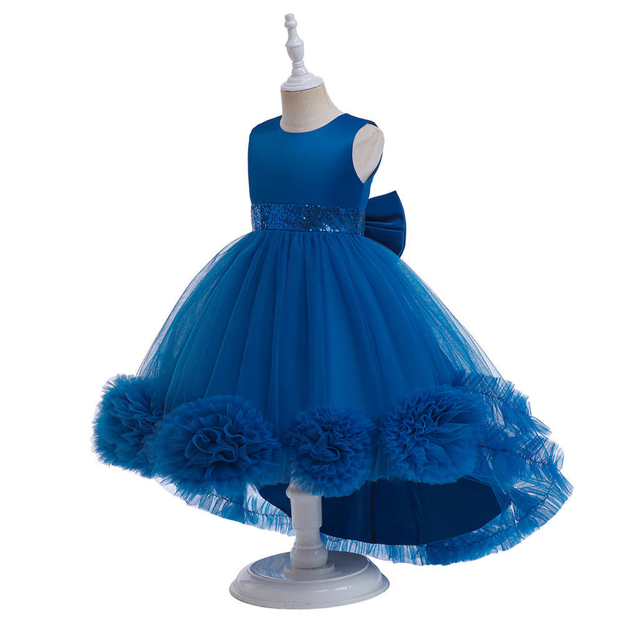 Ballkleid U-Ausschnitt Hi-Low Rüschen Blumenmädchenkleider mit Schleife