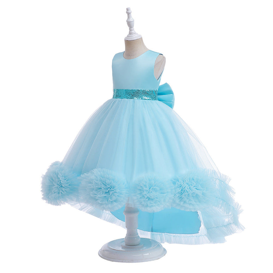 Ballkleid U-Ausschnitt Hi-Low Rüschen Blumenmädchenkleider mit Schleife