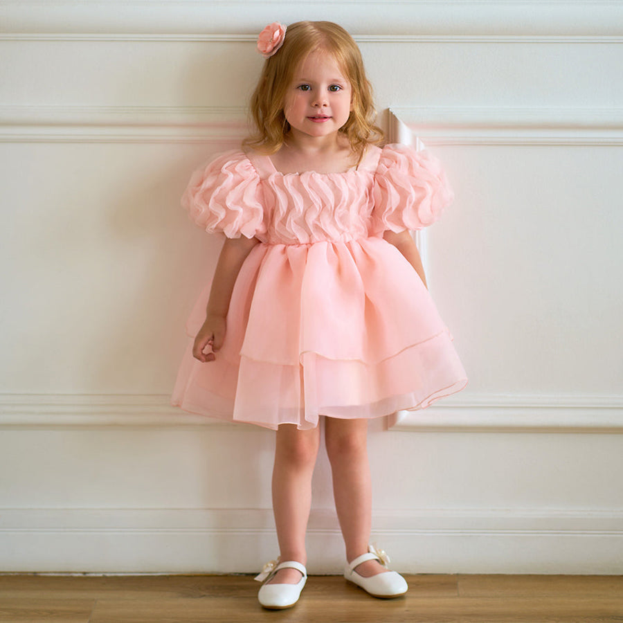 Ballkleid mit U-Ausschnitt und Puffärmeln, Blumenmädchenkleider mit Rüschen