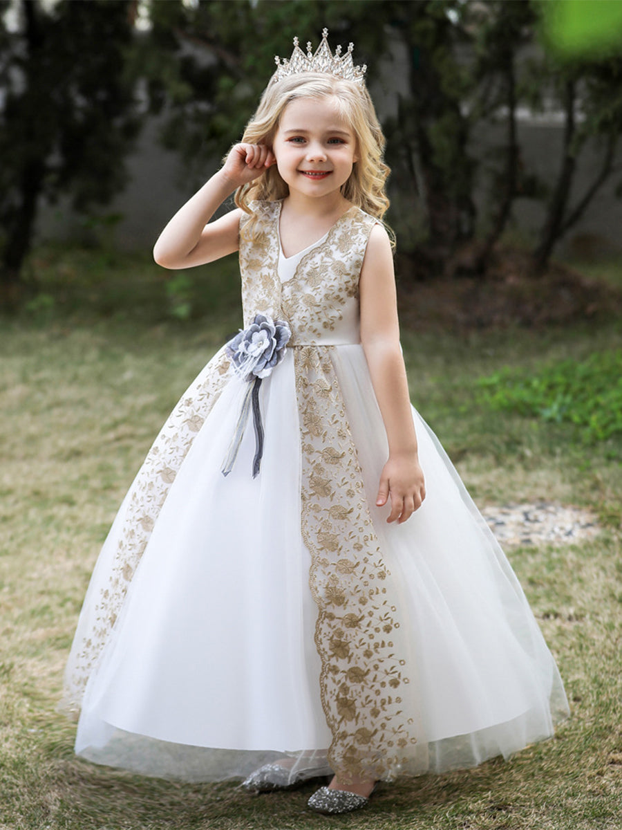 Ballkleid V-Ausschnitt Ärmellos Blumenmädchenkleider mit Schärpe